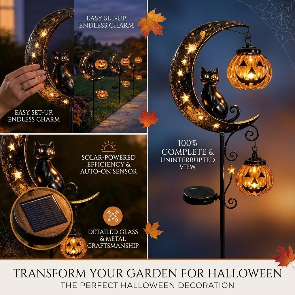 Led Moon Lamp - โคมไฟปักดินรูปแมวดำพระจันทร์สำหรับฮาโลวีน ไฟสนามหญ้ากันน้ำ โลหะ LED สำหรับตกแต่งลานบ้าน ทางเดินสนามหญ้า