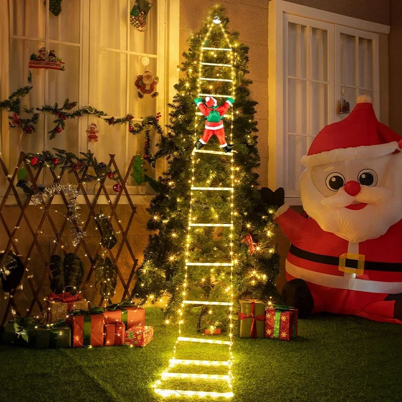 String Light Outdoor - ไฟคริสต์มาส LED สายไฟตกแต่งบันไดพร้อมซานตาคลอส สำหรับตกแต่งภายในและภายนอก หน้าต่าง สวน