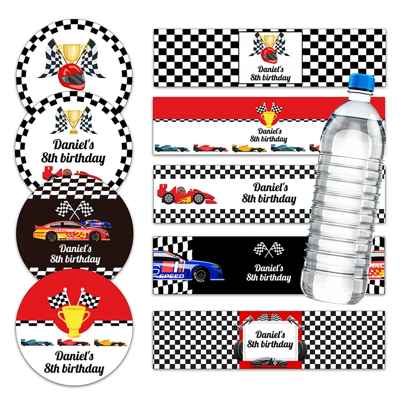Lighting Mcqueen Decor - การแข่งขันรถยนต์ขวดของตกแต่งปาร์ตี้วันเกิดป้ายน้ำแข่งแบบกำหนดเองสติกเกอร์ทรงกลมส่วนบุคคลสำหรับงานเลี้ยงรับขวัญทารก
