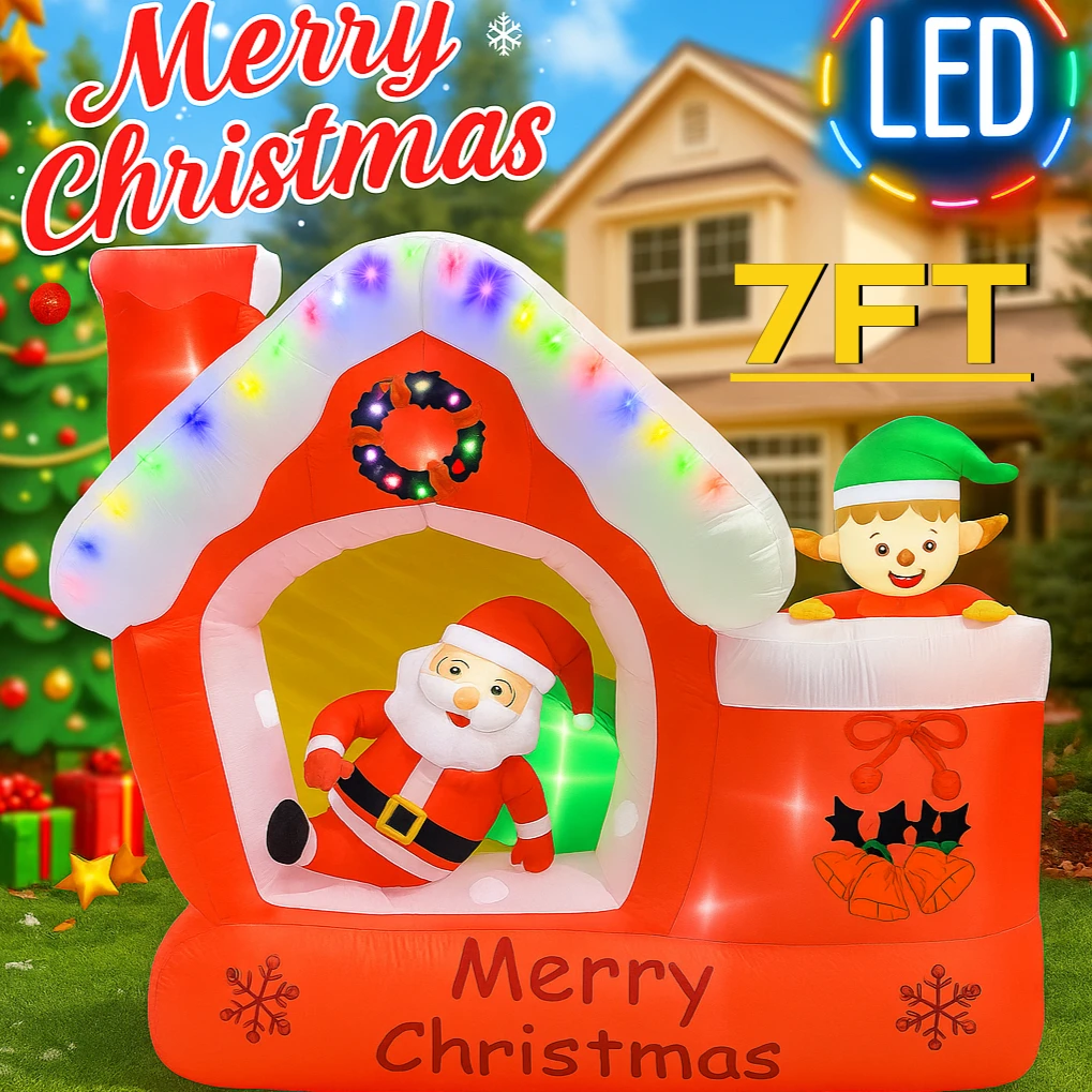 Santa'S Elves Holiday Lighting & Decor Llc - ตุ๊กตาซานตาคลอสเป่าลมขนาดยักษ์ 7 ฟุต พร้อมบ้านเอลฟ์ ไฟ LED