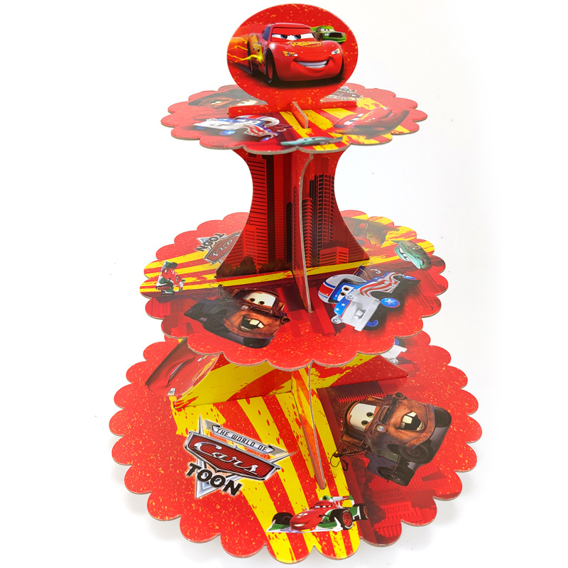 Lighting Mcqueen Decor - แท่นวางคัพเค้กกระดาษรูปรถแข่ง 3 ชั้น, ที่วางขนมแบบใช้แล้วทิ้งทำจากกระดาษแข็ง, สำหรับงานเลี้ยงวันเกิดธีมรถแข่ง